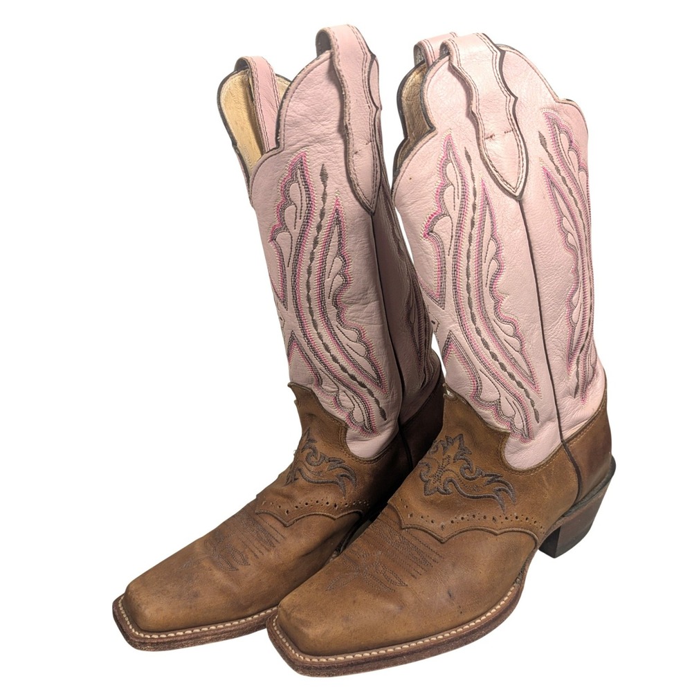7.5B Justin Boots 2667 Womens Brown Pink Leather Square Toe Western Cowboy Boots
